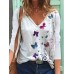 Women Butterfly Print V  neck Regular Fit Long Sleeve Casual T  Shirt