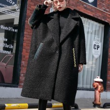 New black Winter coat oversized Notched back side open maxi coat women pockets patchwork long jackets