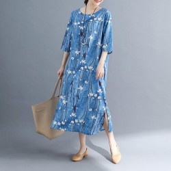 2019 floral long cotton dresses plus size Batwing Sleeve long cotton dresses Elegant o neck cotton dress