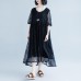 vintage cotton dress plus size Lacing Summer Short Sleeve Casual Fake Two-piece Black Dress