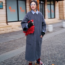 vintage gray long coat oversized O neck Wool Coat boutique flare sleeve pockets long coat