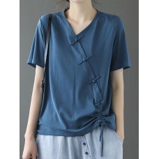 Women loose Solid Color V  neck Short Sleeve Drawstring Ethnic T  Shirt