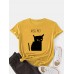 Women Kiss Cat Print O  Neck Short Sleeve Casual T  Shirt