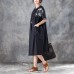 Elegant long cotton dresses Loose fitting Loose Short Sleeve Round Neck Black Pleated Dress