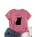 Women Kiss Cat Print O  Neck Short Sleeve Casual T  Shirt